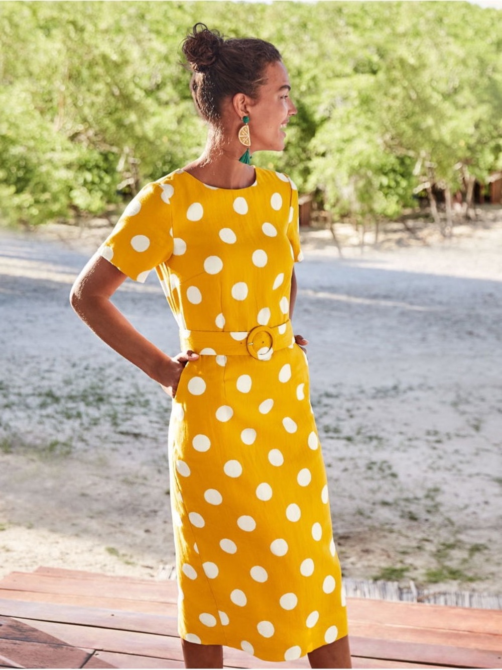 Biden Hazel Linen Yellow Polka Dot Belted Midi Dress size 6R